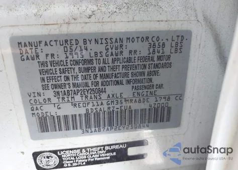 2014 Nissan Sentra Sr z USA, uszkodzony, nr VIN 3N1AB7AP2EY250844